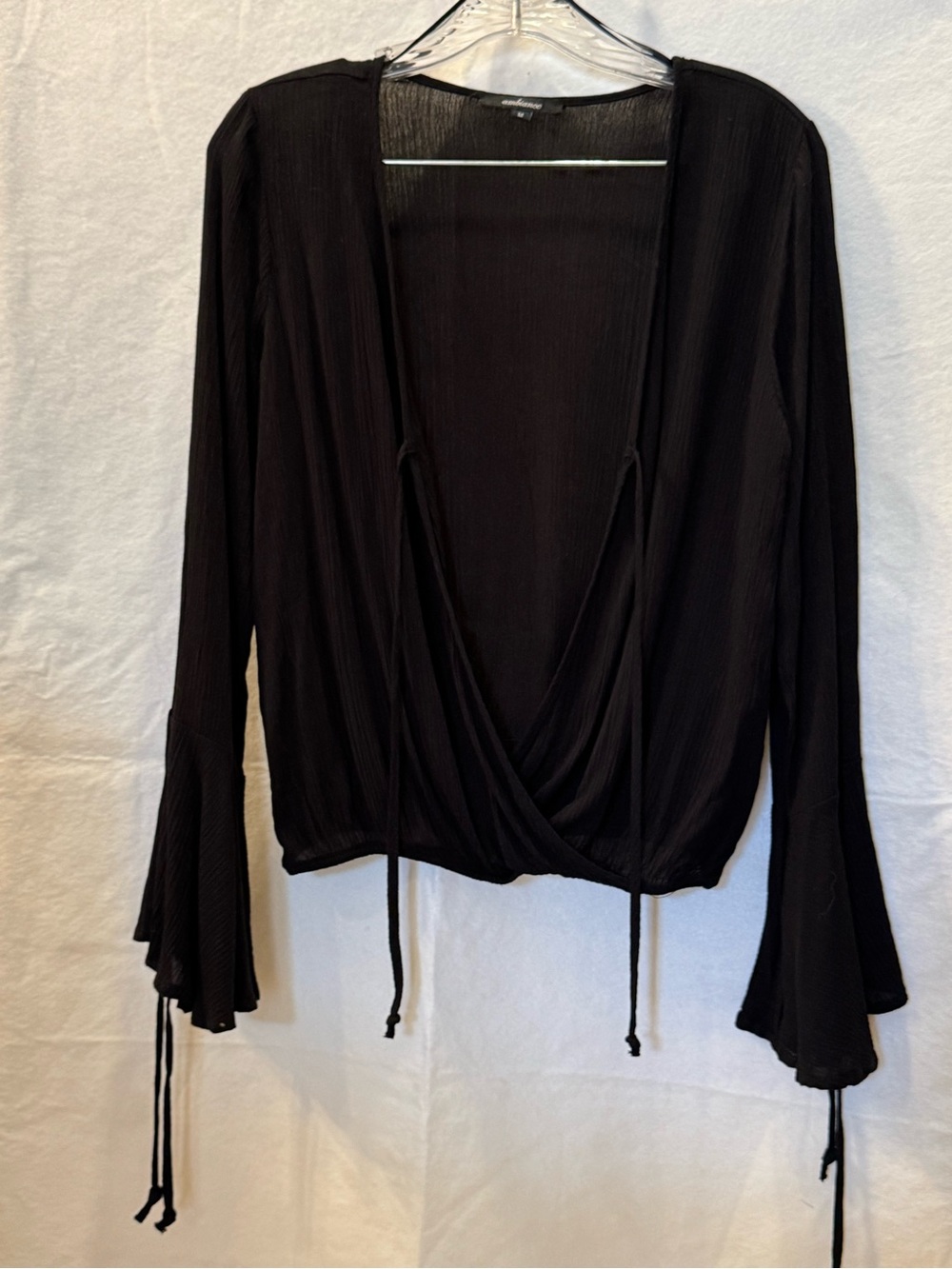 Ambiance Black Draped Wrap Blouse with Tie Details
